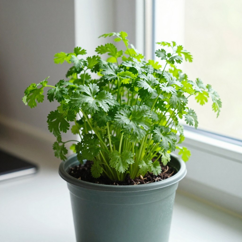 cilantro growing in pot indoors with fresh green leaves
