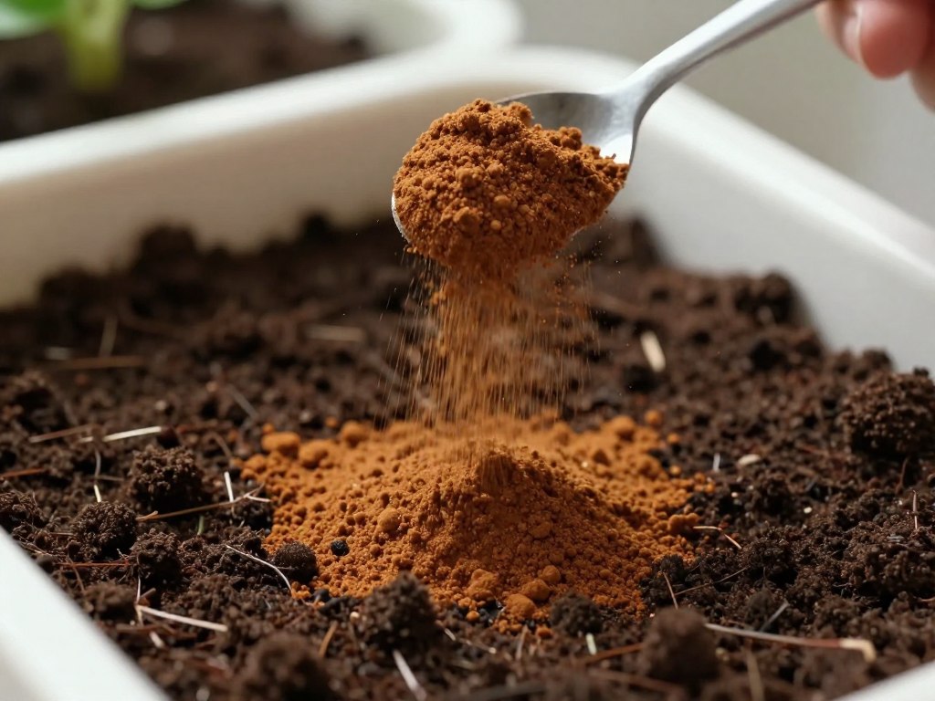 cinnamon powder sprinkled on herb plant soil for fungus gnat control
