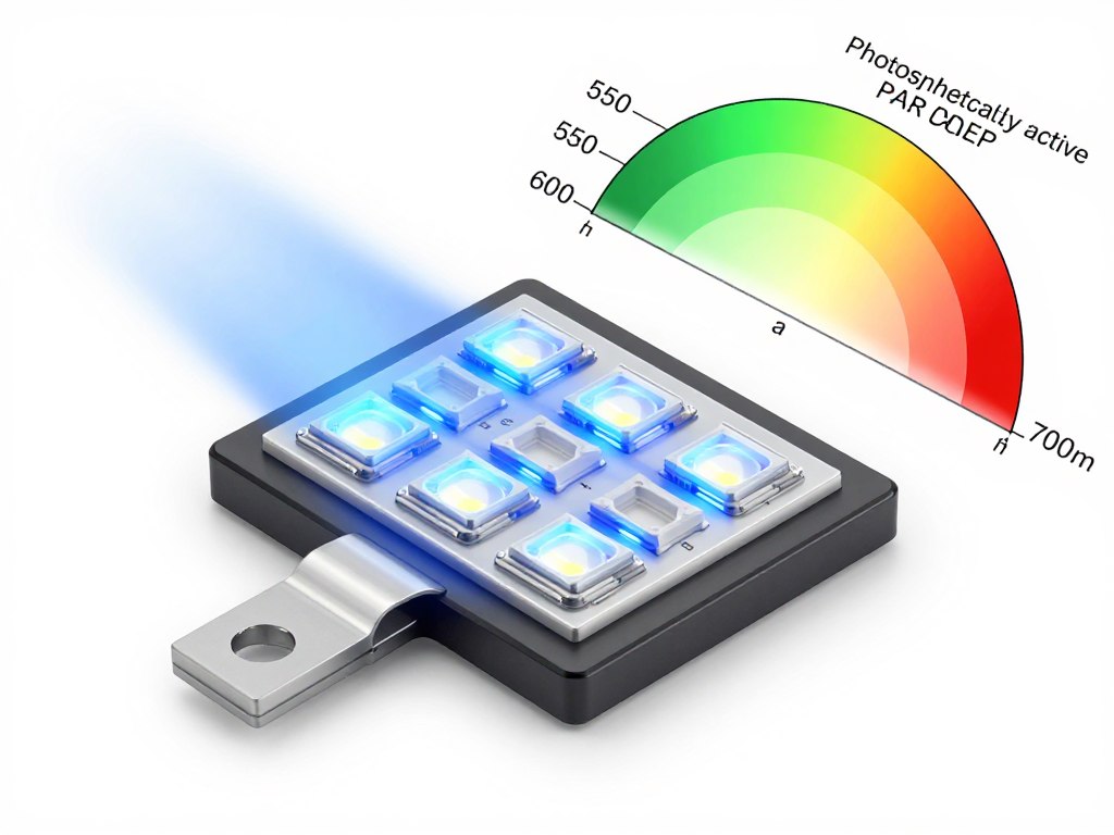 close-up diagram showing full spectrum LED grow light components and wavelength chart for plant growth