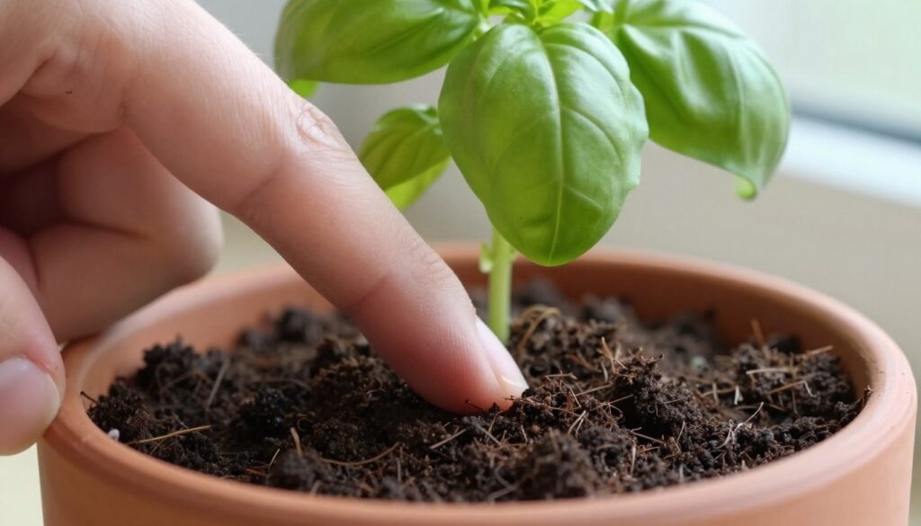 close-up of finger testing soil moisture in herb pot on windowsill