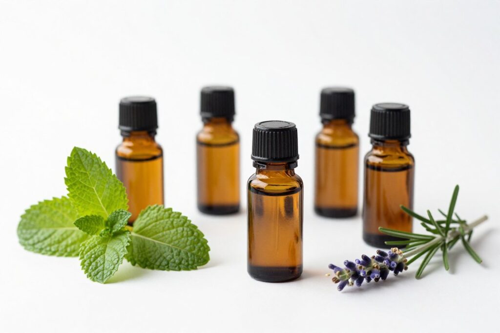 collection of essential oil bottles with fresh herbs for natural pest control