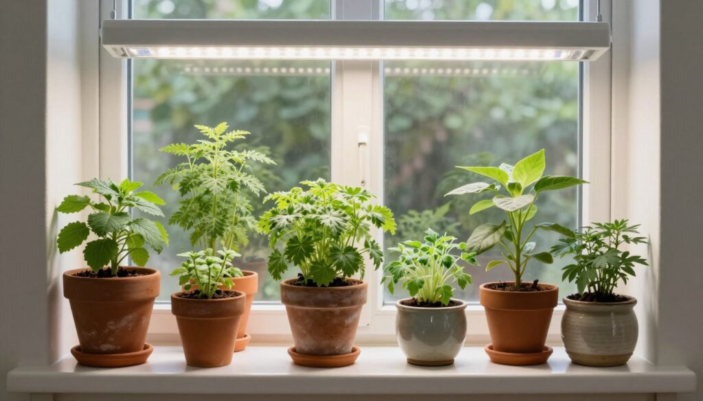 collection of herbs growing indoors on windowsill with grow light