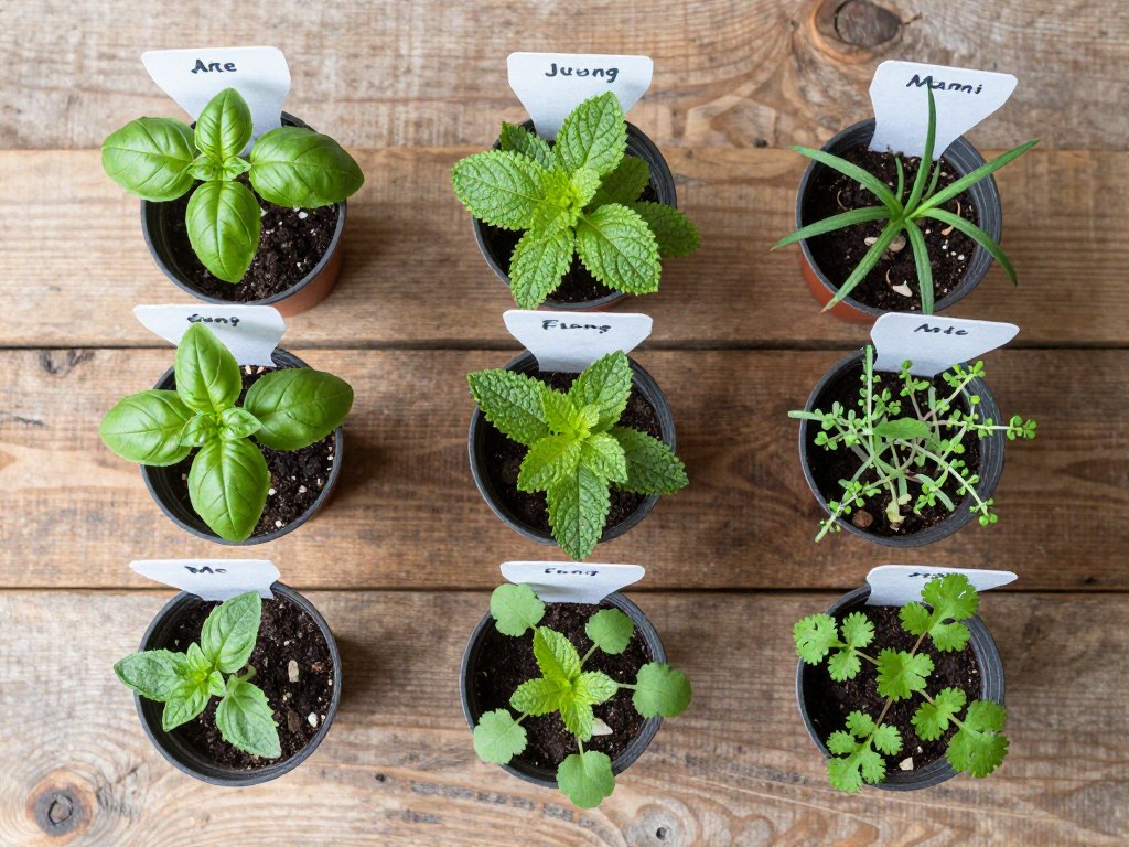 collection of seven herb seedlings including basil mint parsley chives and thyme arranged on wooden table