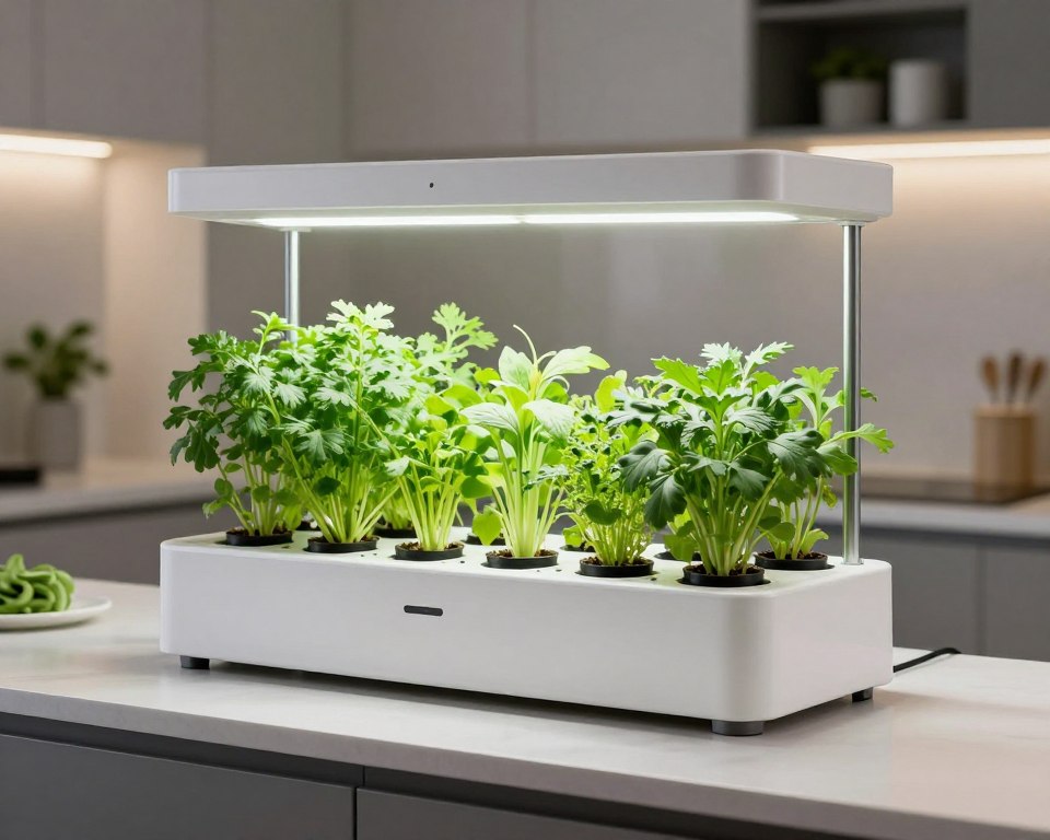 compact hydroponic indoor herb garden space system on kitchen counter
