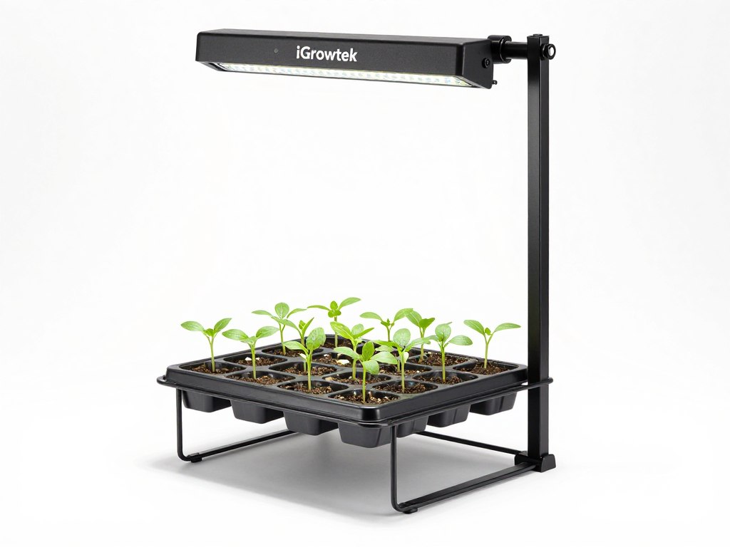 compact iGrowtek grow light on small stand with seed starting tray underneath