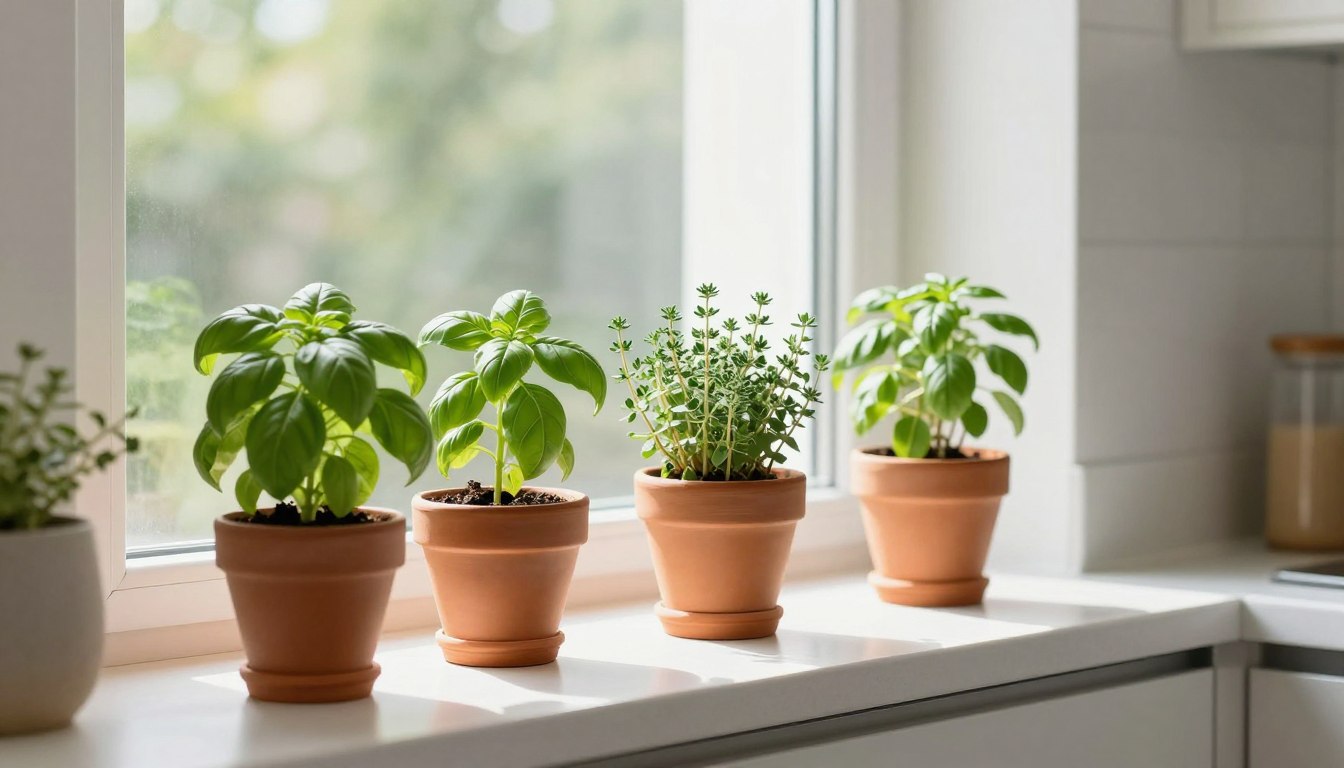 compact indoor herb garden space on kitchen windowsill with fresh basil and thyme