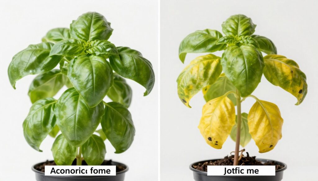 comparison of healthy and unhealthy herb plants showing common problems