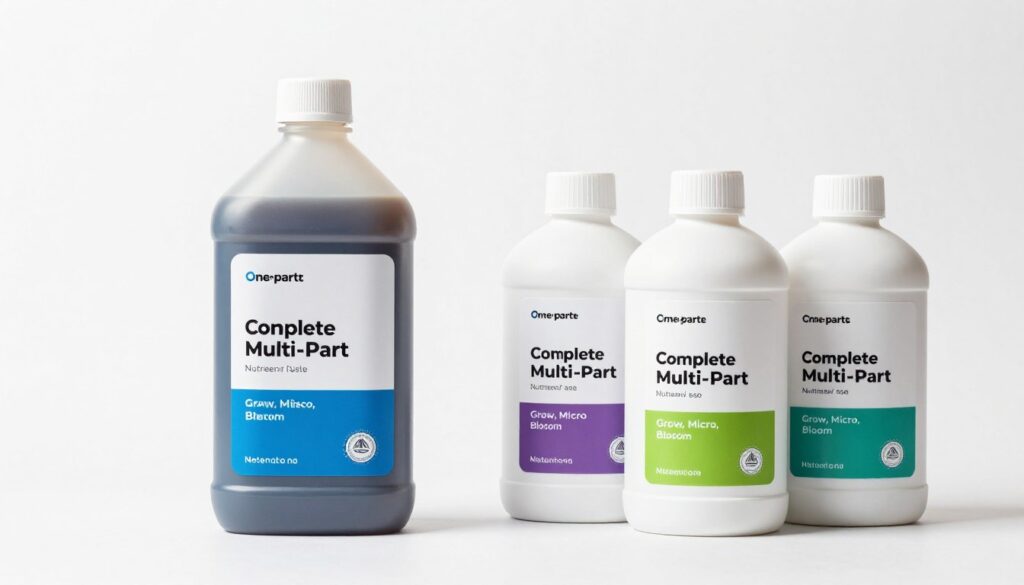 comparison of one-part and three-part hydroponic nutrient bottles arranged side by side comparison of one-part and three-part hydroponic nutrient bottles arranged side by side