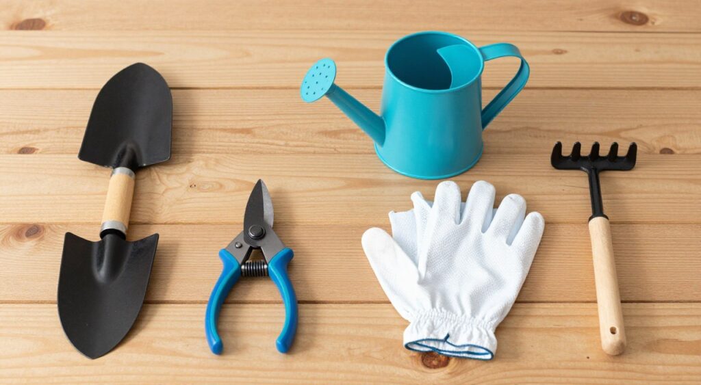 essential balcony gardening tools arranged on table essential balcony gardening tools arranged on table