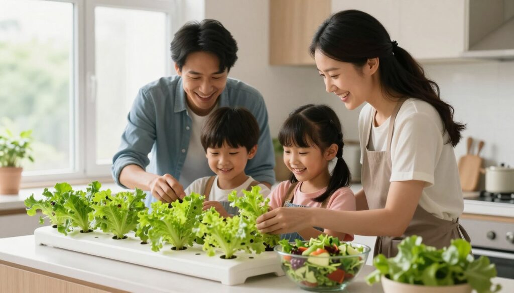 family harvesting fresh lettuce from home hydroponic garden together