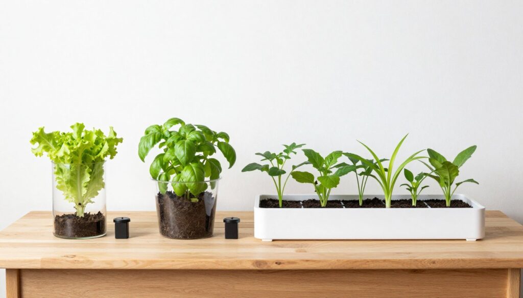 four different types of beginner hydroponic systems side by side