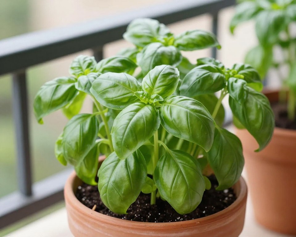 fresh basil plant in container on balcony fresh basil plant in container on balcony
