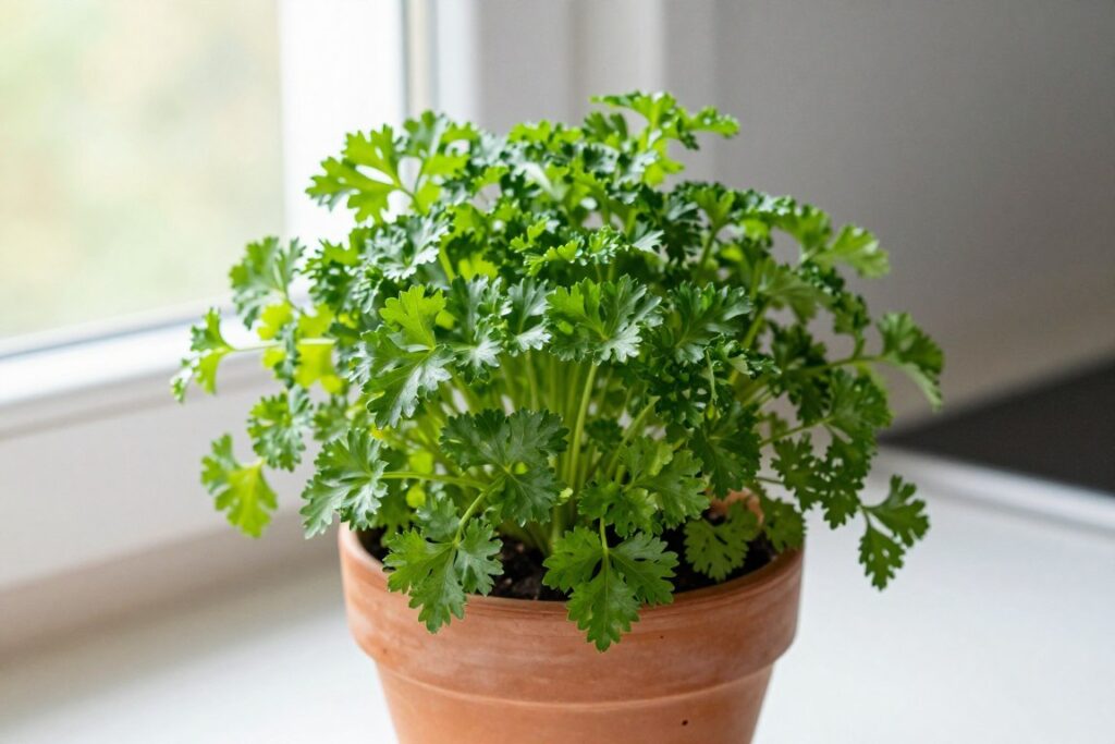 fresh parsley growing in pot indoors with good drainage