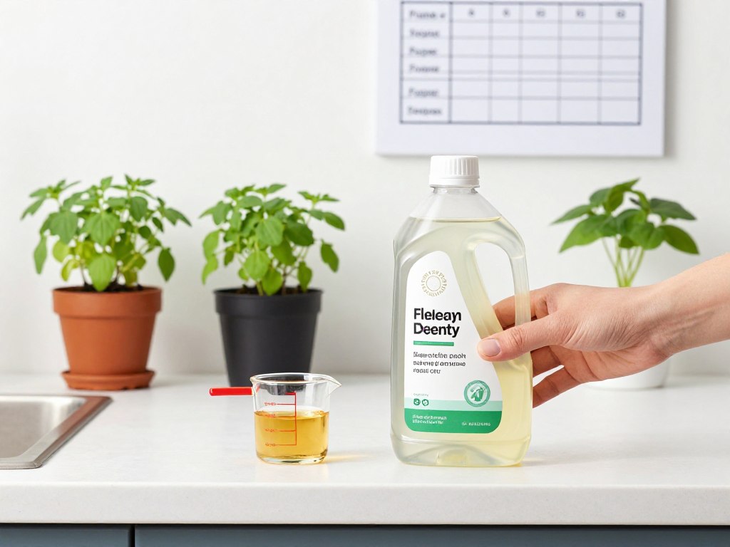 hand holding bottle of diluted liquid fertilizer next to potted herbs with measuring cup