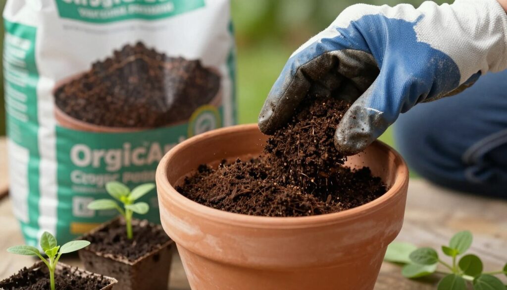 hands filling terra cotta pot with high quality potting mix for herbs