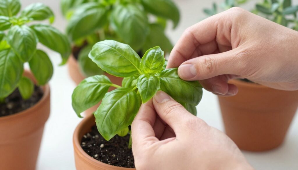 hands harvesting fresh basil leaves from healthy indoor herb plant