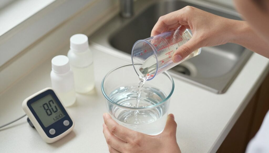 hands measuring hydroponic nutrients with graduated cylinder into water reservoir with EC meter nearby hands measuring hydroponic nutrients with graduated cylinder into water reservoir with EC meter nearby
