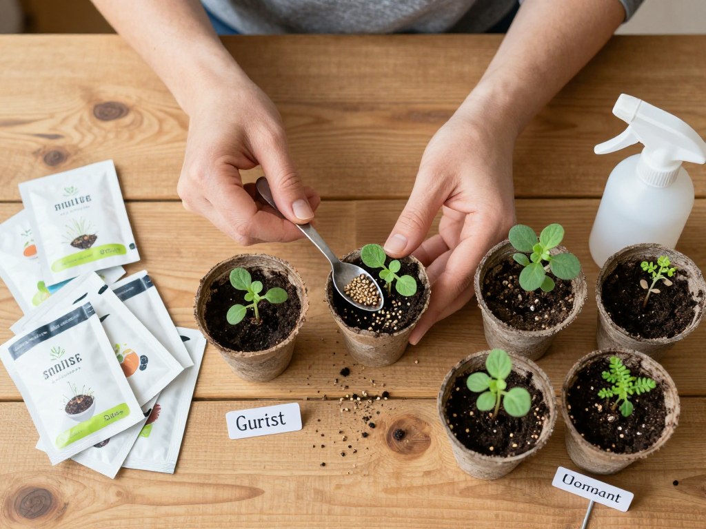 hands planting herb seeds in small pots with seed packets and supplies on table