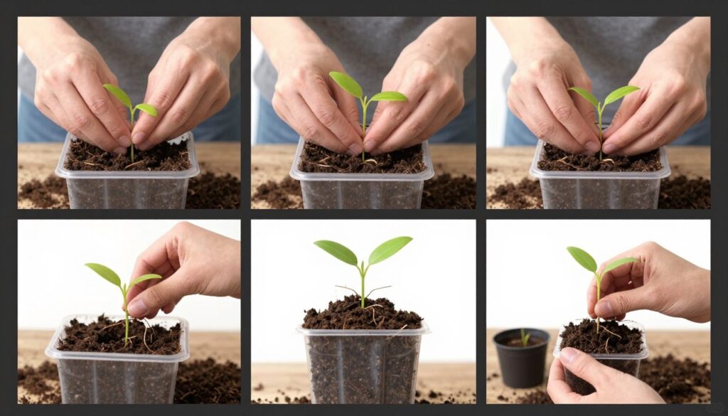 hands planting seedling in container step by step hands planting seedling in container step by step