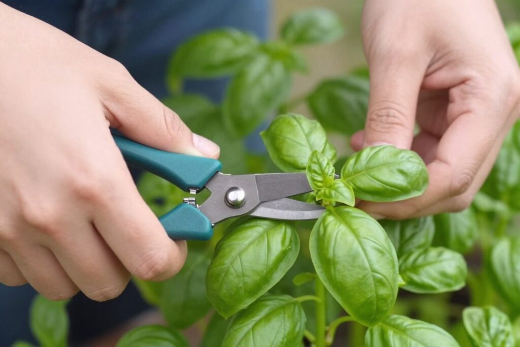 hands pruning herbs in balcony container hands pruning herbs in balcony container