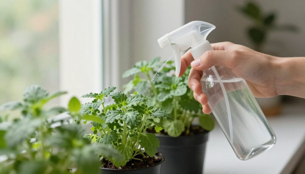 hands spraying natural pest control solution on indoor herb plants