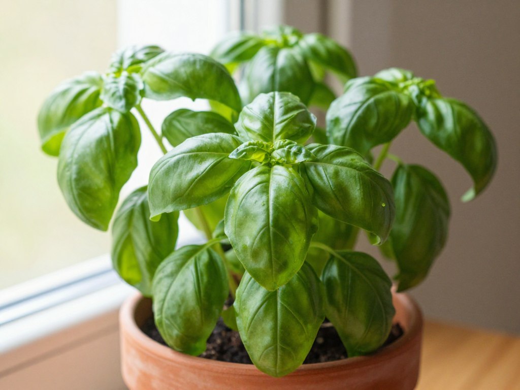 healthy basil plant growing indoors in pot near window