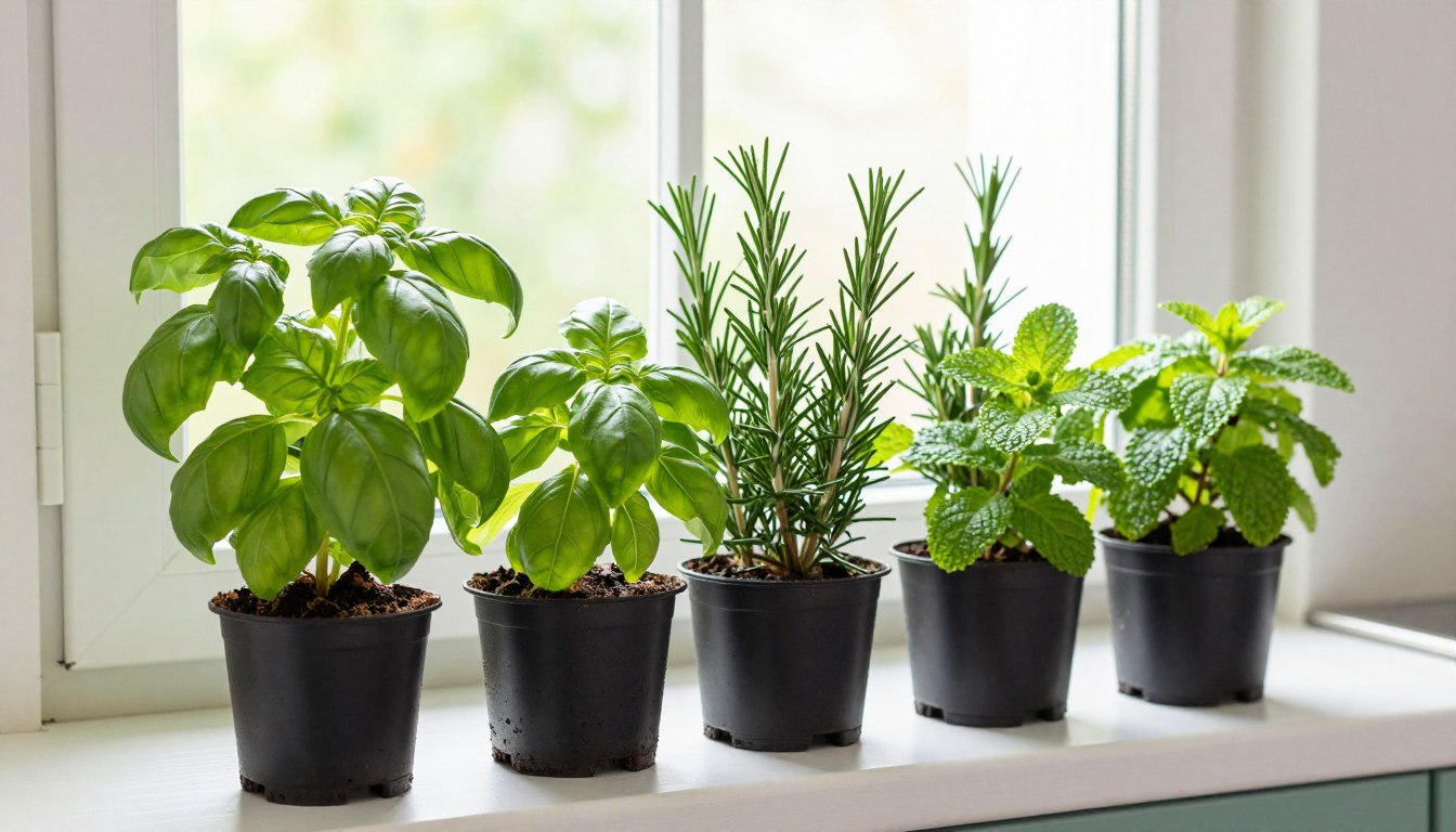 healthy indoor herb garden with basil rosemary and mint plants on sunny windowsill