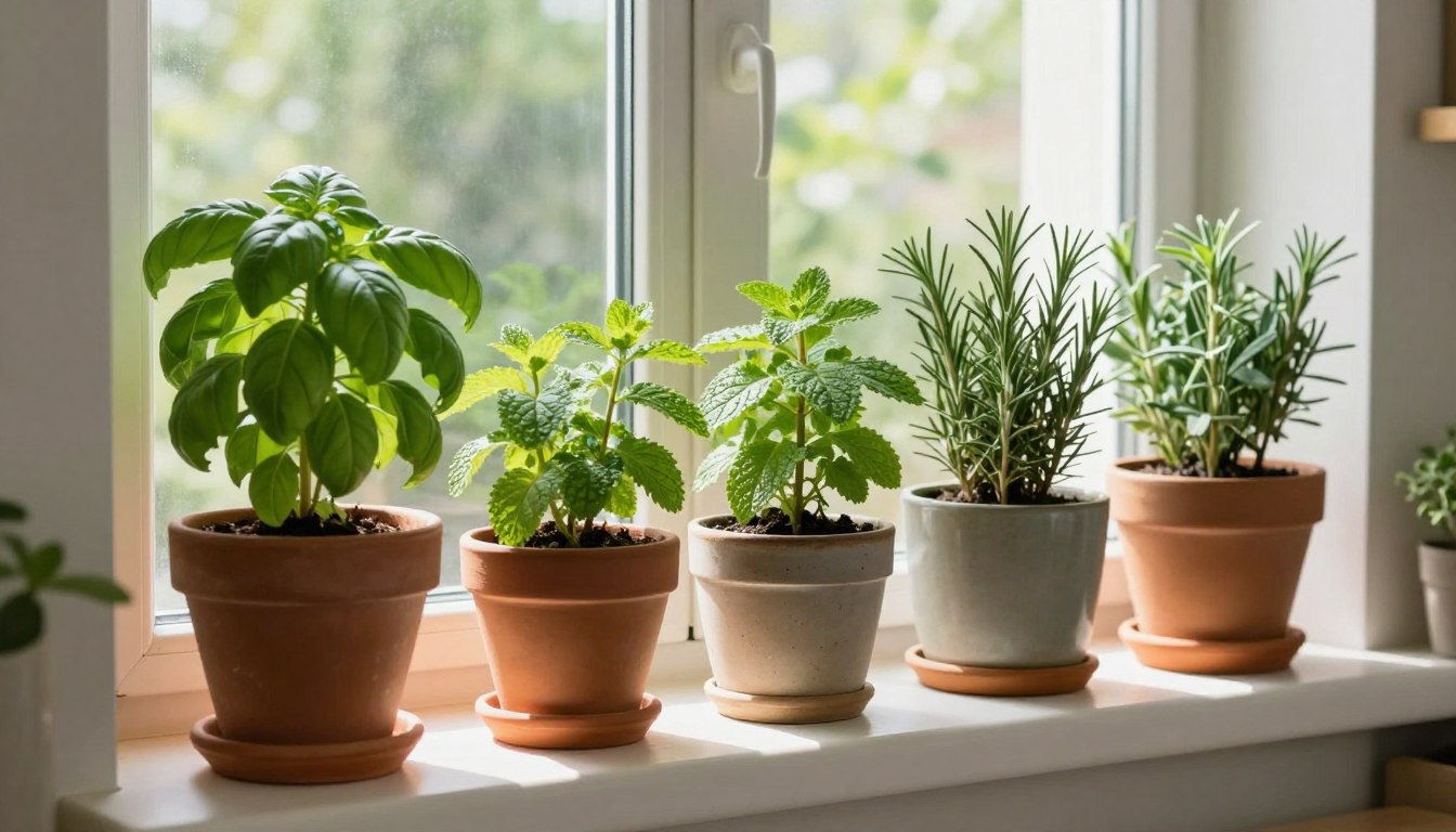 herbs to grow indoors on sunny kitchen windowsill with various pots