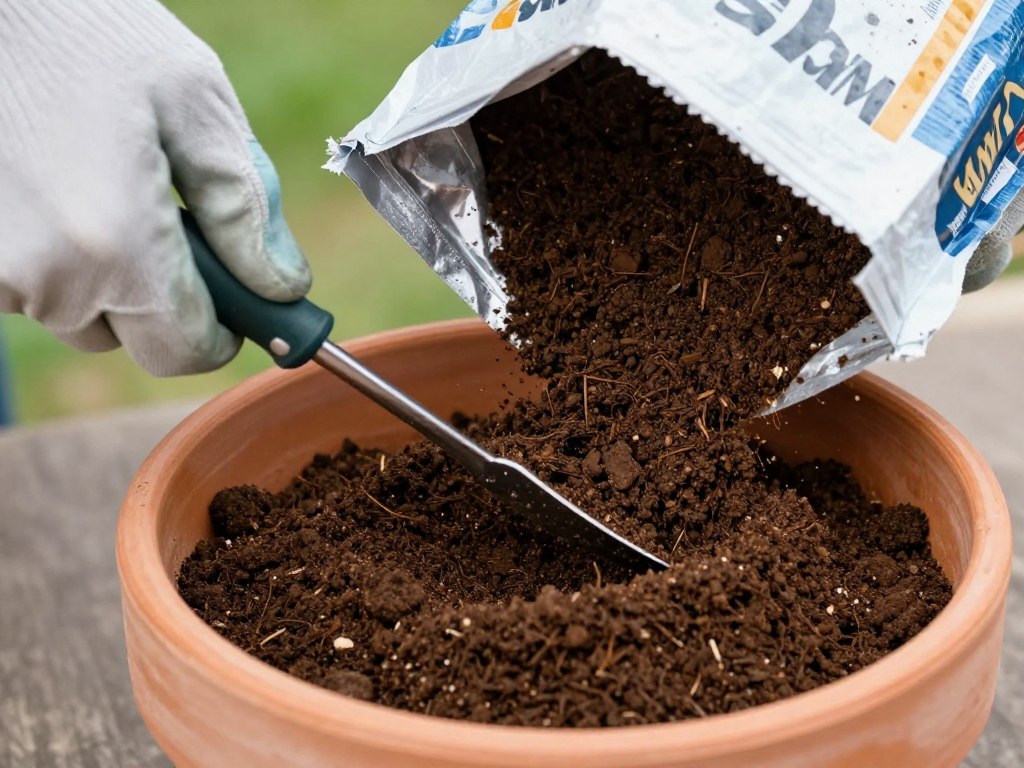 high-quality potting mix being poured into container high-quality potting mix being poured into container