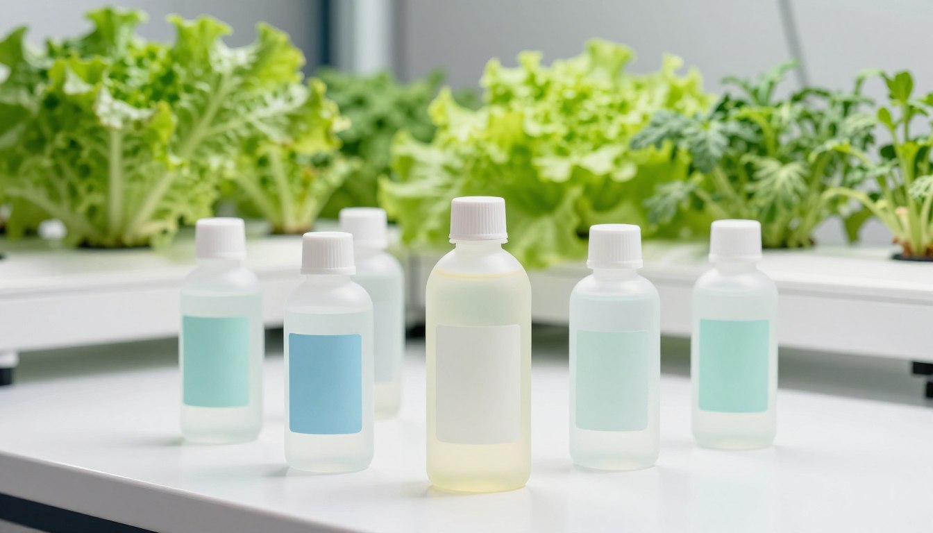 hydroponic nutrient solutions displayed with healthy green plants growing in NFT system
