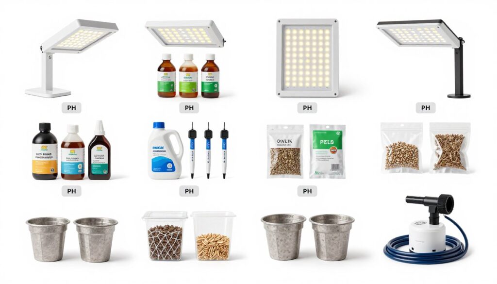 hydroponic startup supplies organized by category with price tags