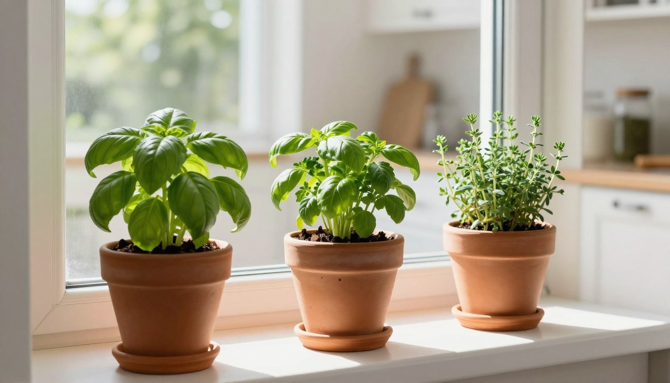 indoor herb garden on sunny kitchen windowsill with basil parsley and thyme in terra cotta pots