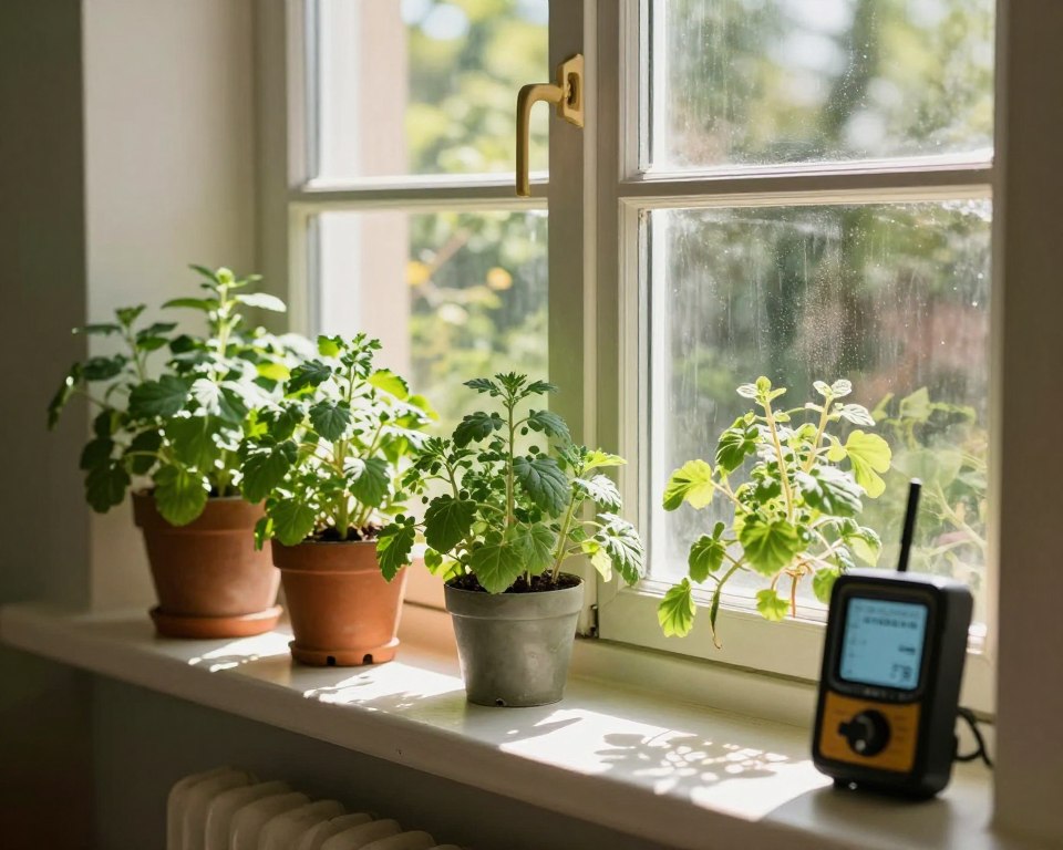 indoor herb garden space near south-facing window with natural light measurement