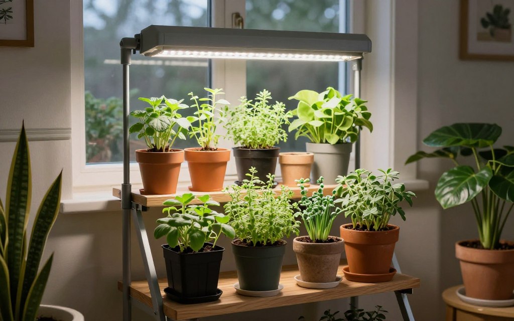 indoor herb garden with seasonal care showing winter setup with grow lights
