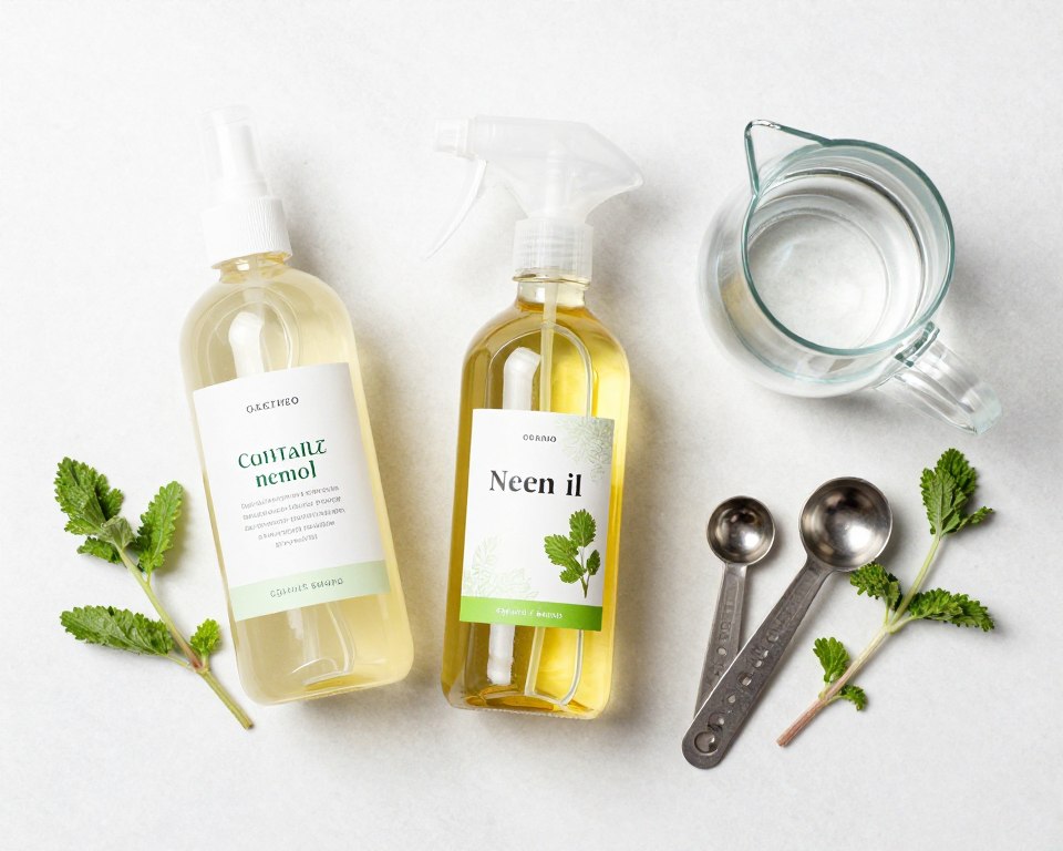 ingredients for homemade organic pest spray including soap oil and spray bottle