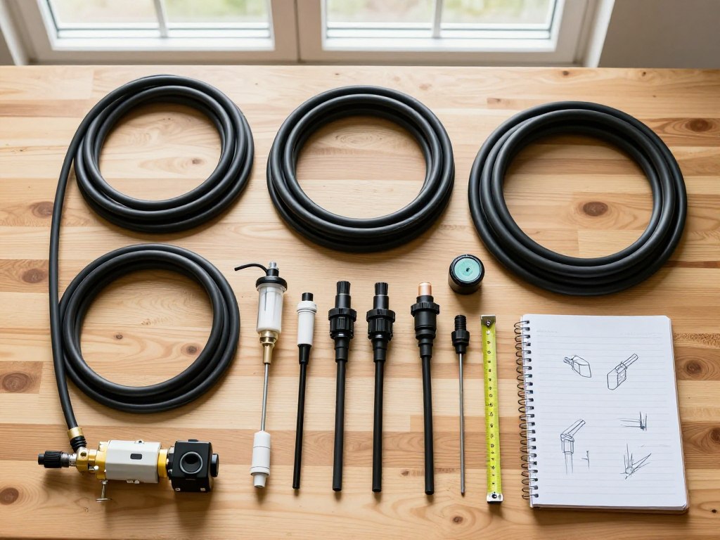 irrigation planning materials including tubing, emitters, and connectors laid out on table irrigation planning materials including tubing, emitters, and connectors laid out on table