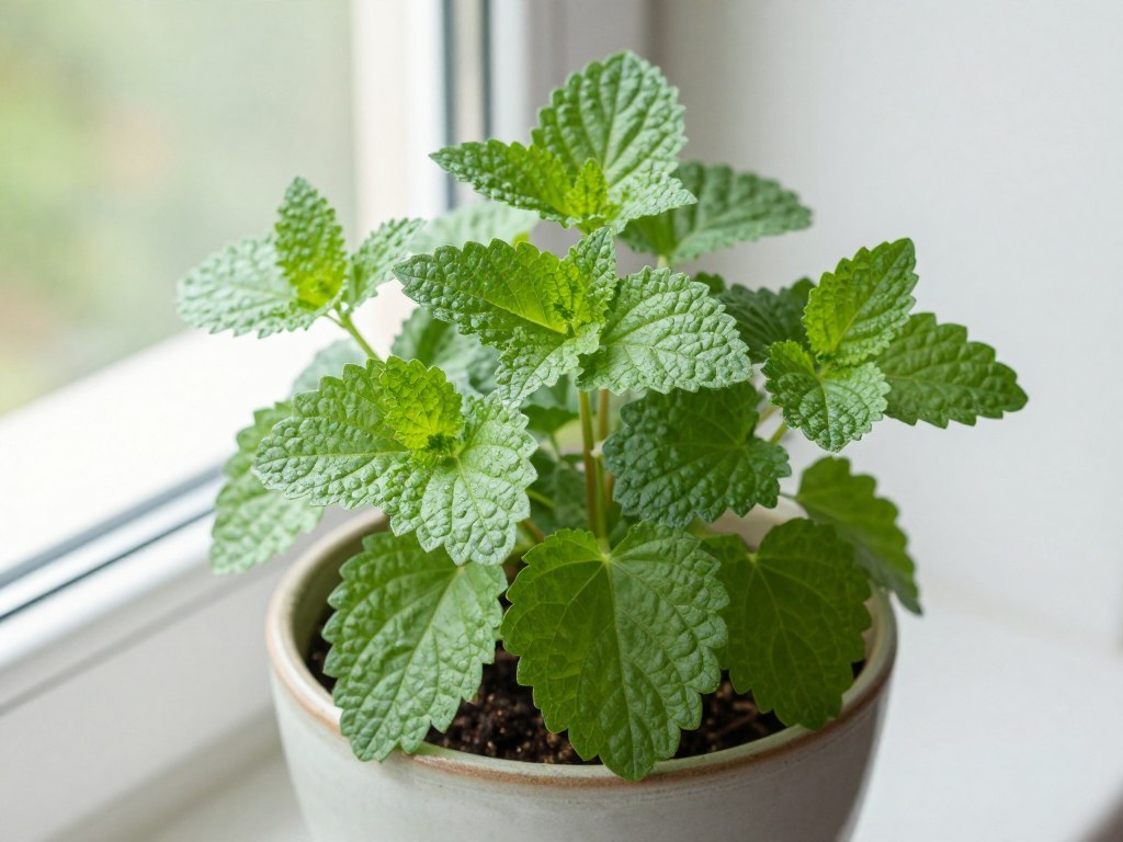 lemon balm plant growing indoors with bright green leaves