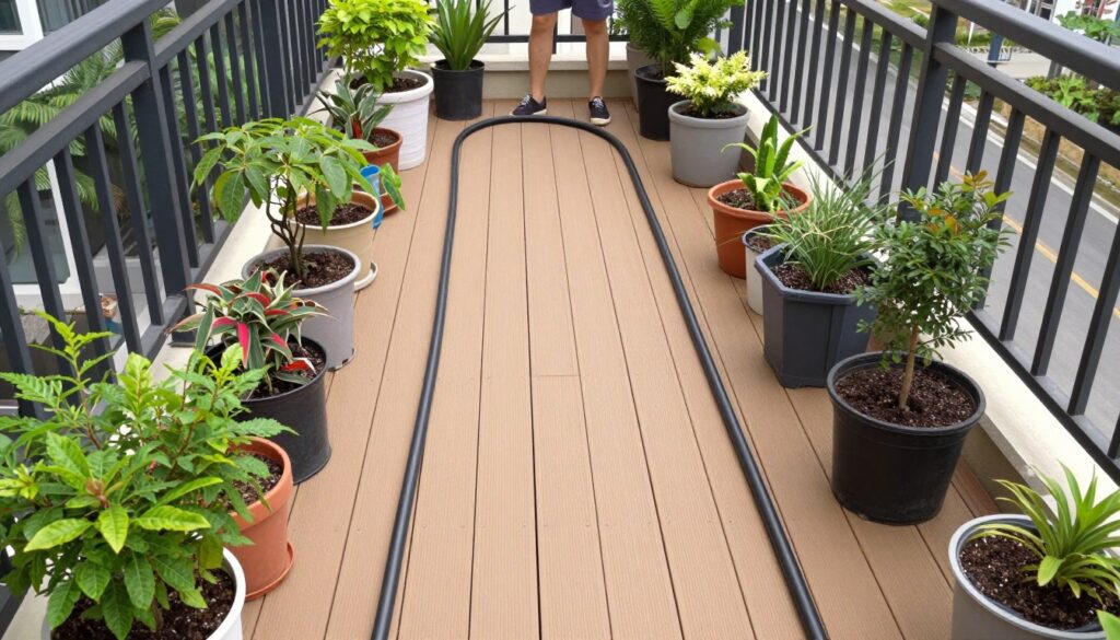 main irrigation tubing being laid out on balcony main irrigation tubing being laid out on balcony
