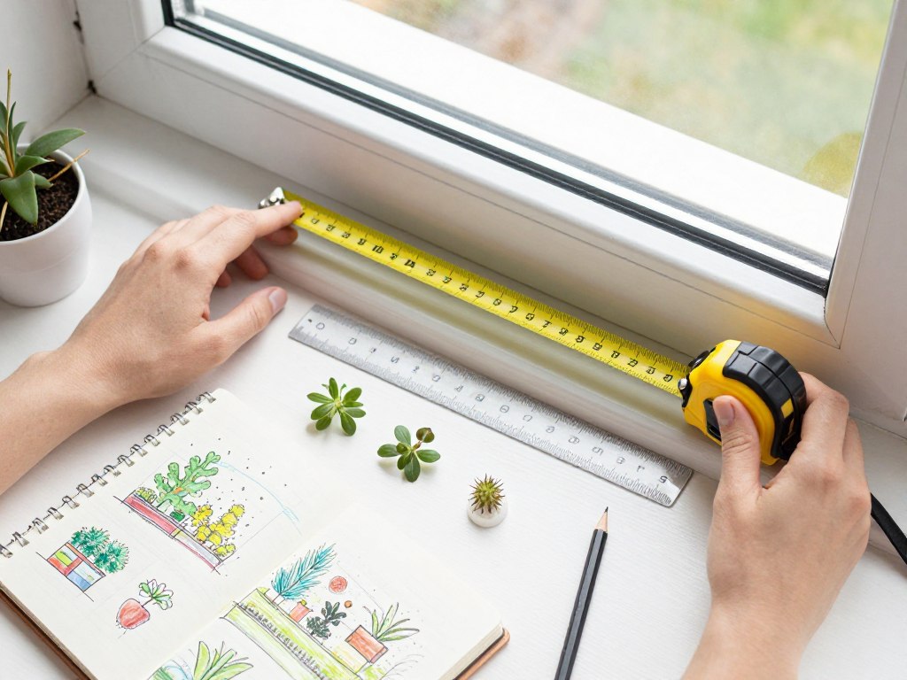 measuring indoor herb garden space with tape measure and planning notes