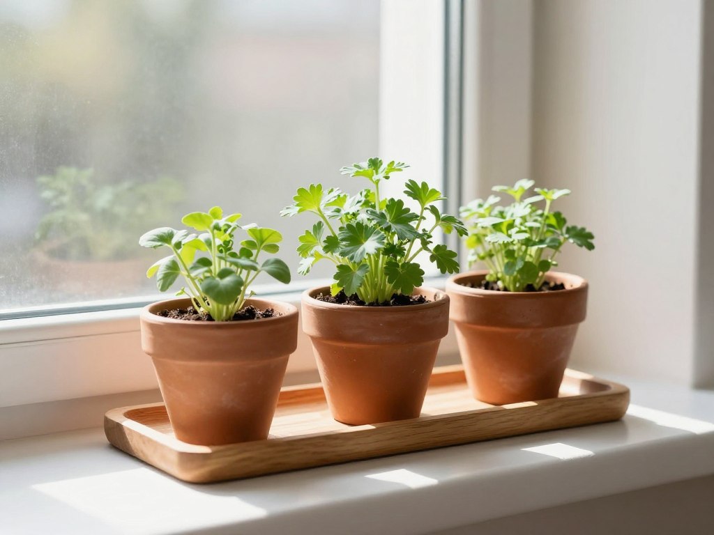 minimal windowsill indoor herb garden space with three small pots