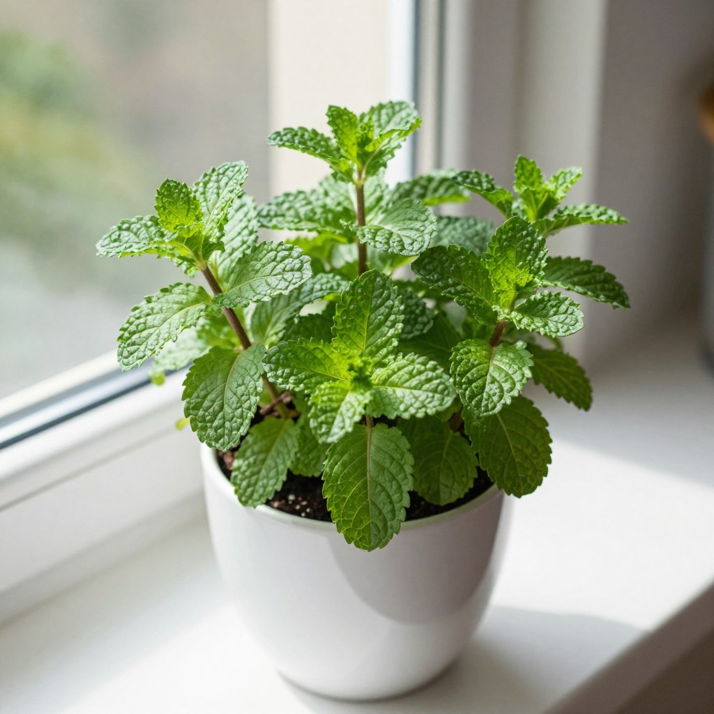 mint herb plant in container on windowsill indoors