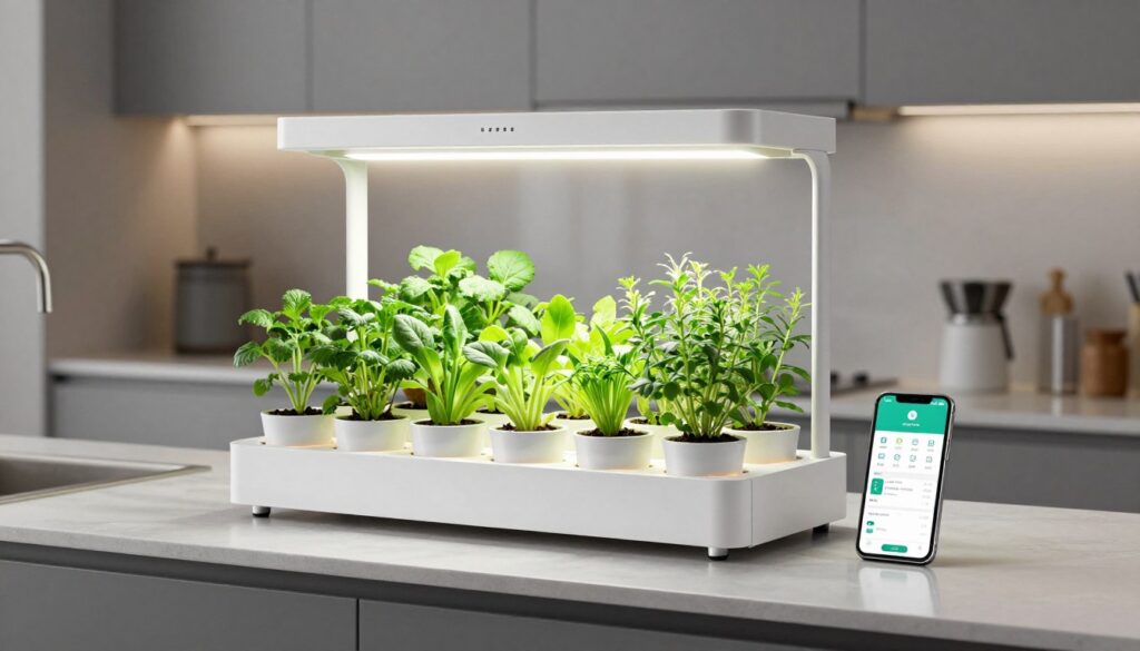 modern indoor hydroponic herb garden system on kitchen counter with LED lights