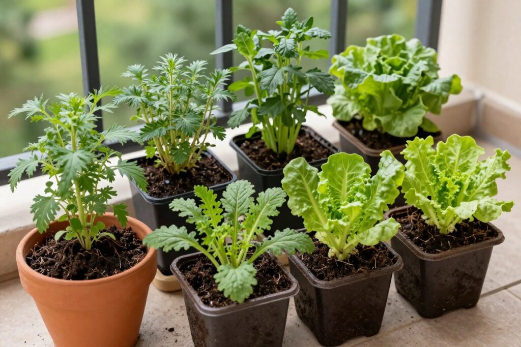 newly planted containers arranged on balcony newly planted containers arranged on balcony