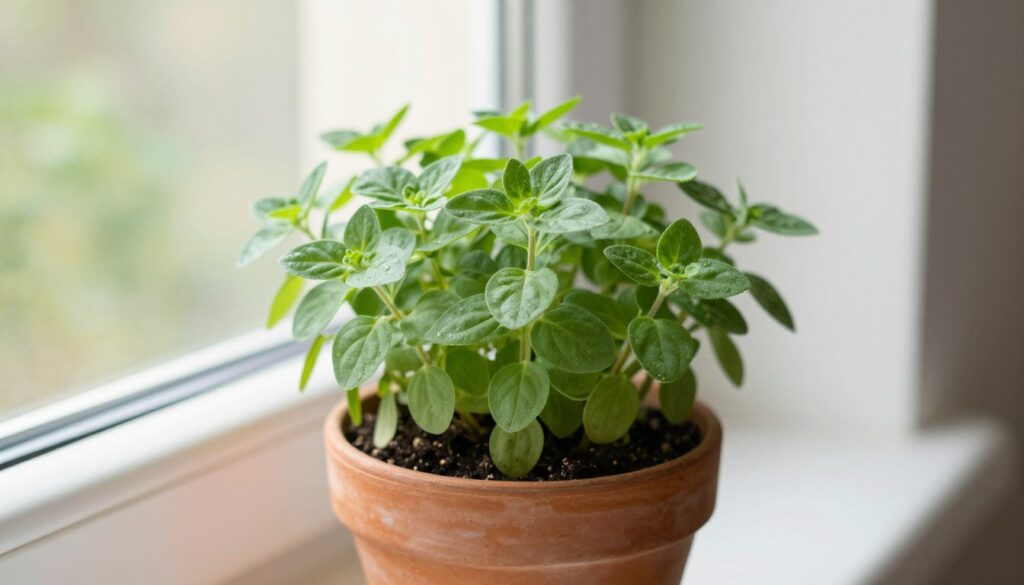 oregano herb plant growing indoors in container with proper drainage
