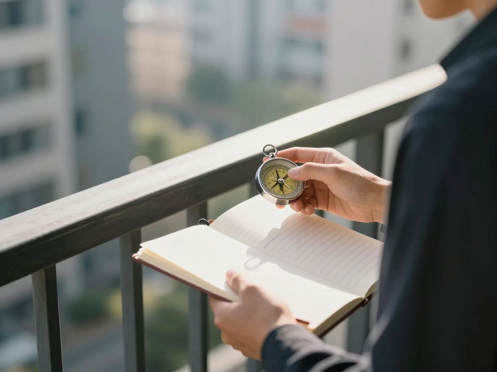 person assessing balcony space with compass and notepad person assessing balcony space with compass and notepad
