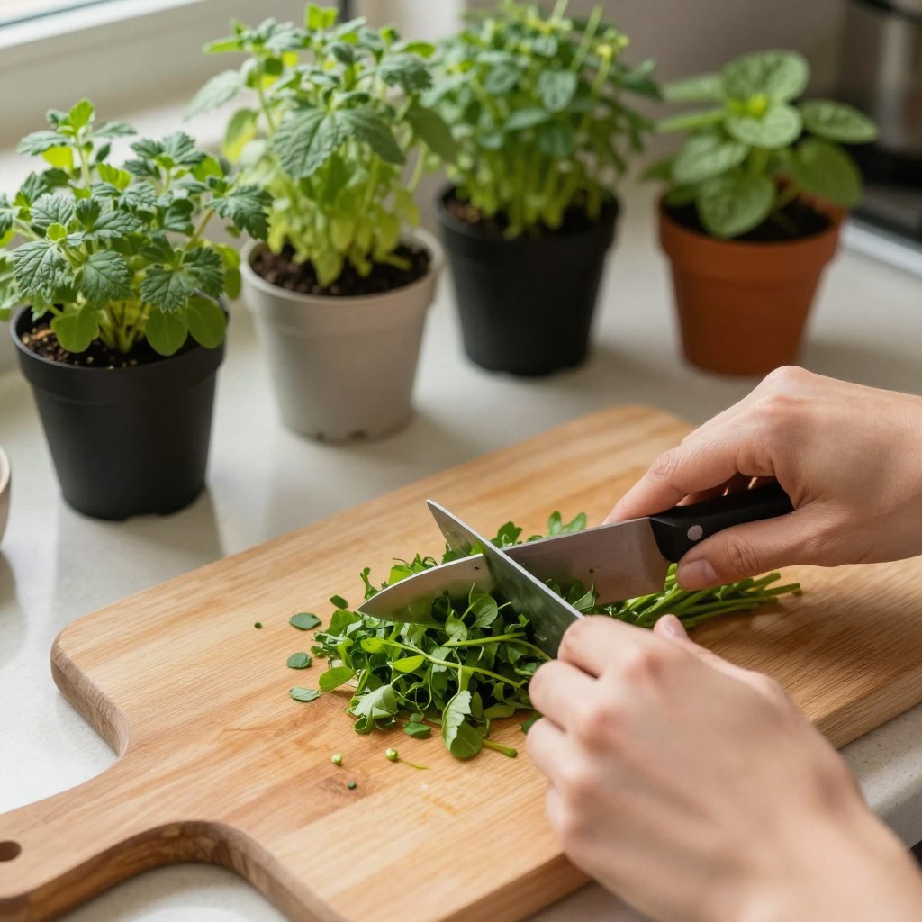 person chopping fresh herbs on wooden cutting board with various herb plants in background