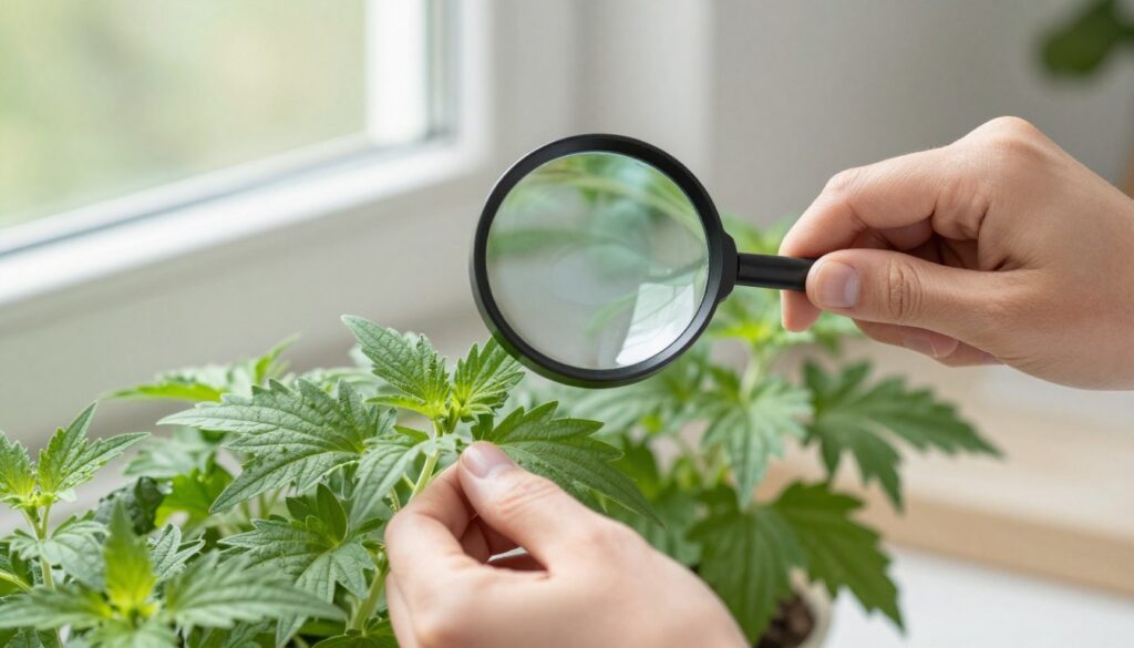 person inspecting healthy indoor herbs with magnifying glass for early pest detection