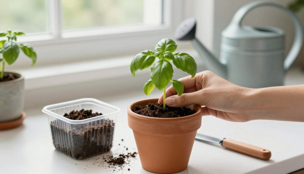 person transplanting nursery herb seedling into larger pot on kitchen counter