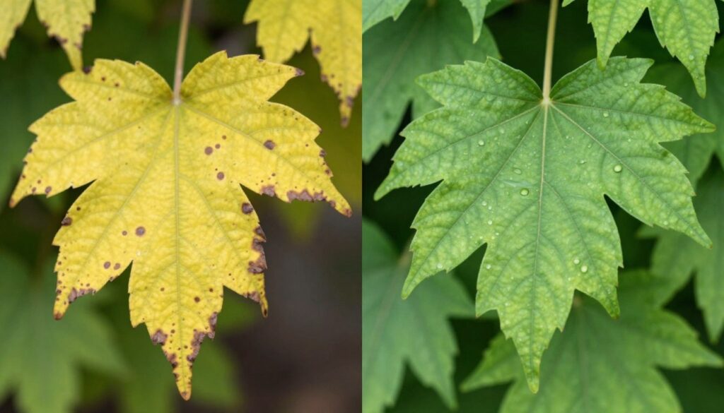 plant leaves showing nutrient deficiency symptoms yellowing and brown spots compared to healthy green leaves plant leaves showing nutrient deficiency symptoms yellowing and brown spots compared to healthy green leaves