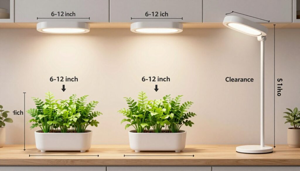 proper installation diagram showing grow light positioning and distance from plants on kitchen counter